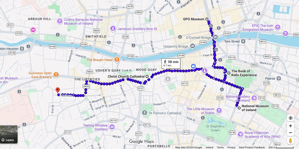 Google Maps walking-route preview connecting the GPO, Trinity, Archaeology Museum, Christ Church and Guinness Storehouse