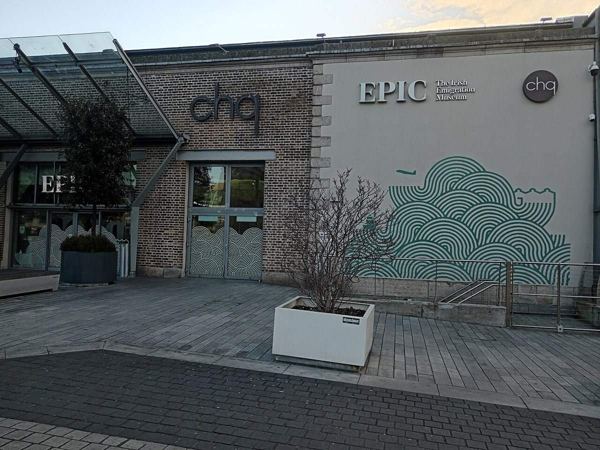 The CHQ building entrance with EPIC Irish Emigration Museum signage