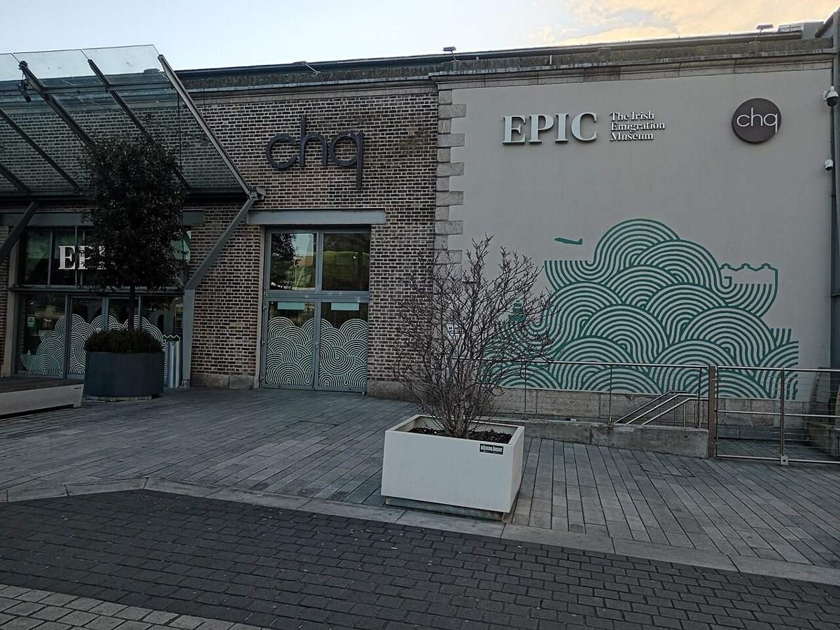 The CHQ building entrance with EPIC Irish Emigration Museum signage