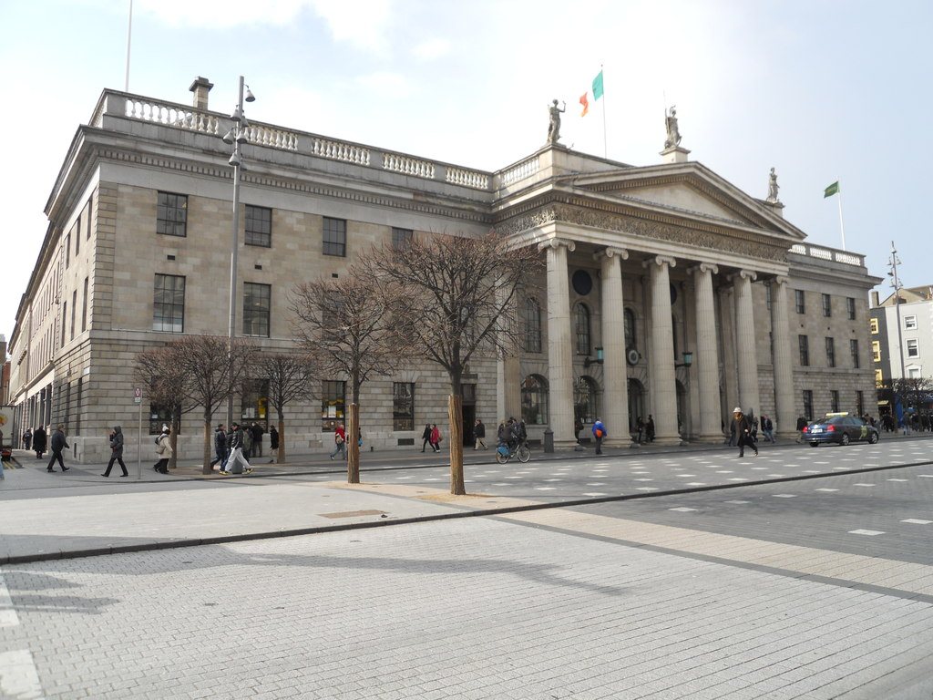 The GPO portico and street frontage on O’Connell Street in Dublin