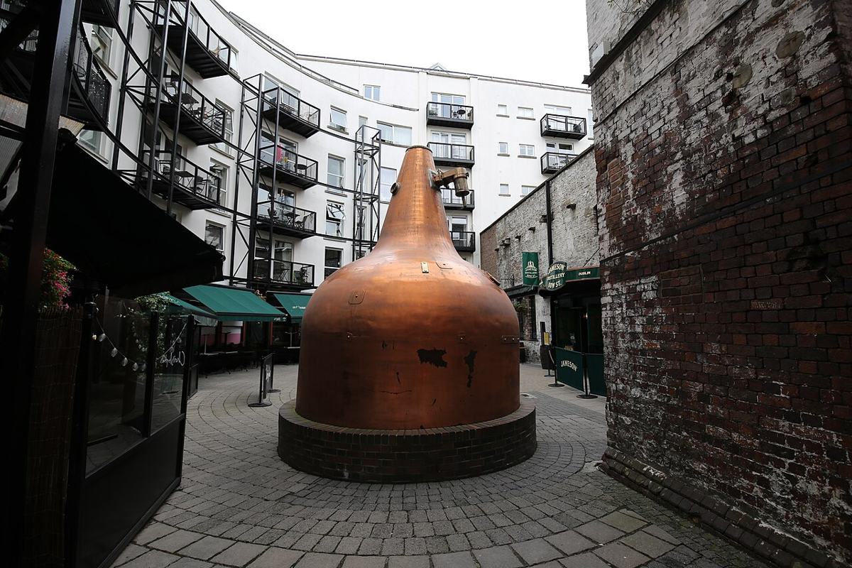 A copper pot still in the courtyard at Jameson Distillery Bow St