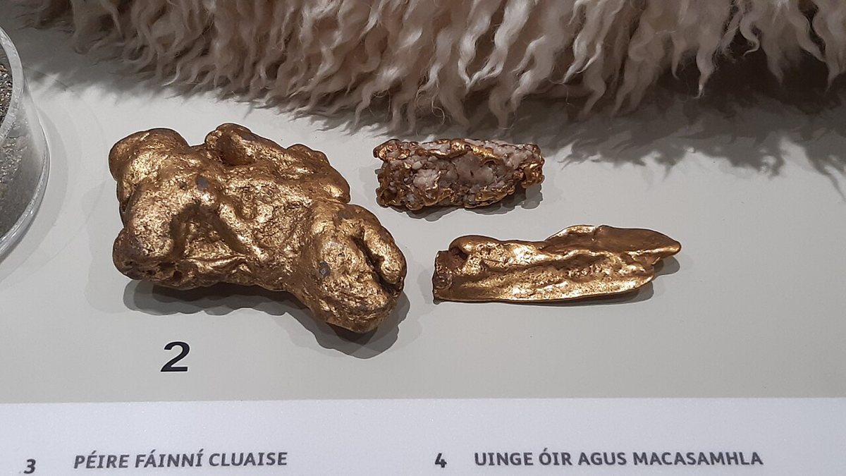 Three gold nuggets displayed at the National Museum of Ireland Archaeology