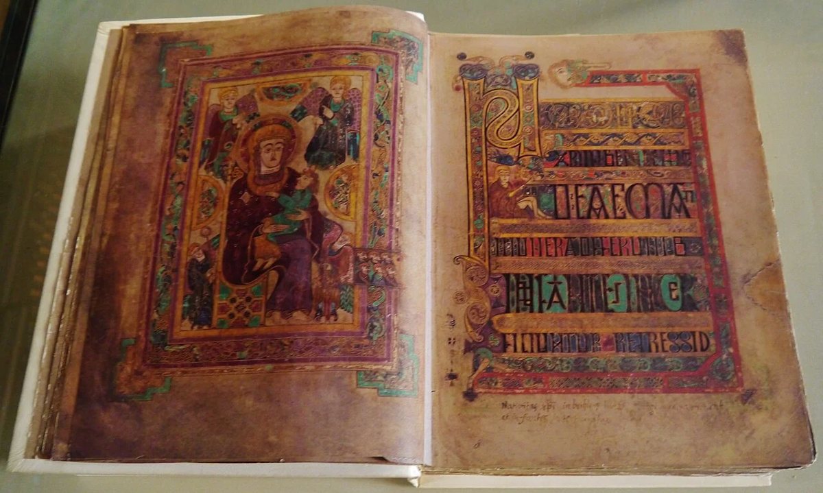 A photographic reproduction of an illustrated Book of Kells opening in the Old Library exhibition
