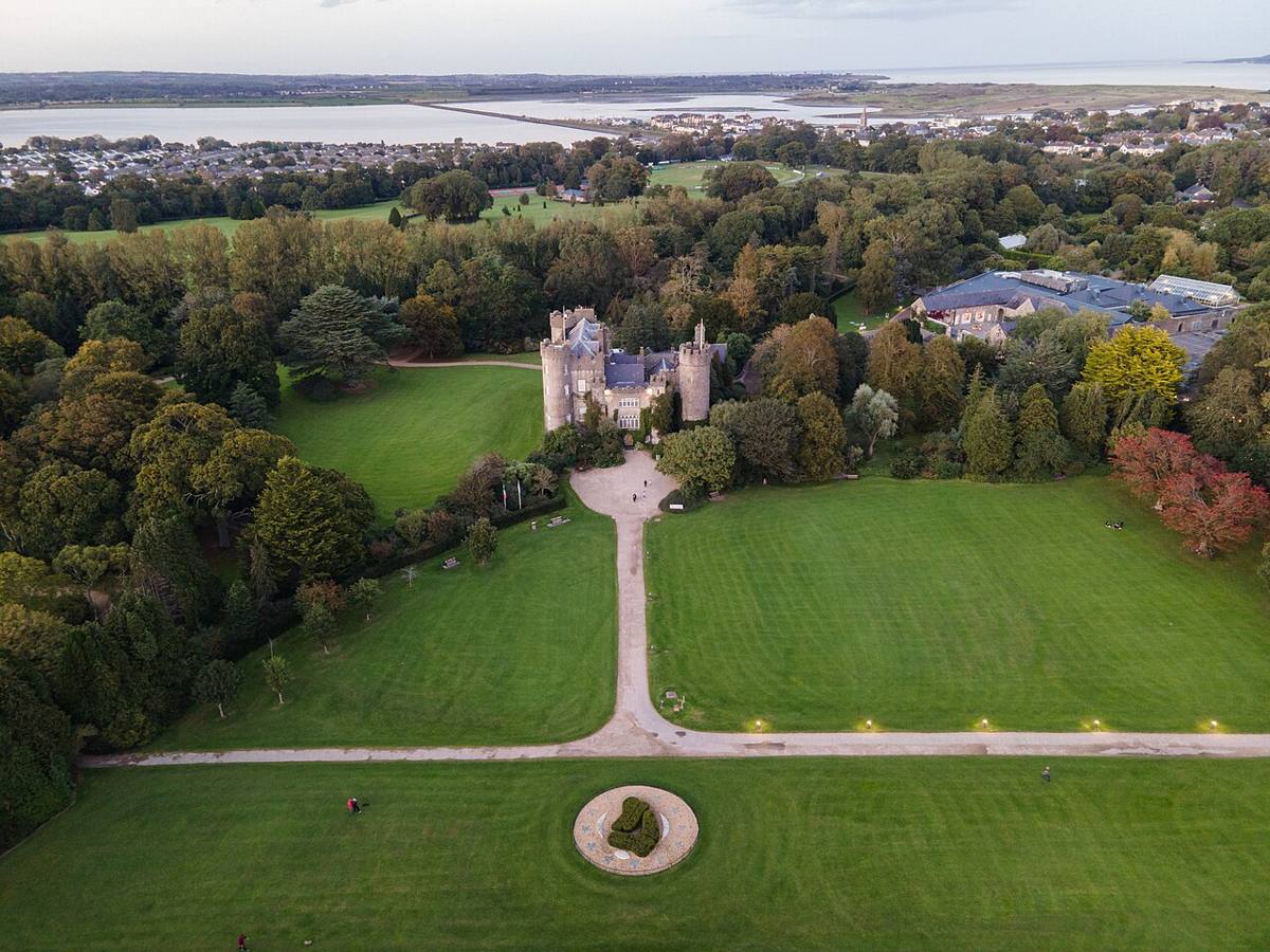 An aerial view of Malahide Castle and its surrounding grounds