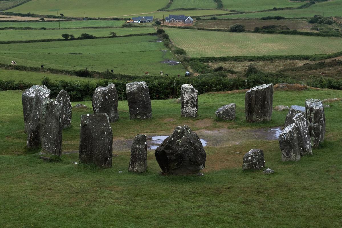 The standing stones of Drombeg Stone Circle seen from above the site
