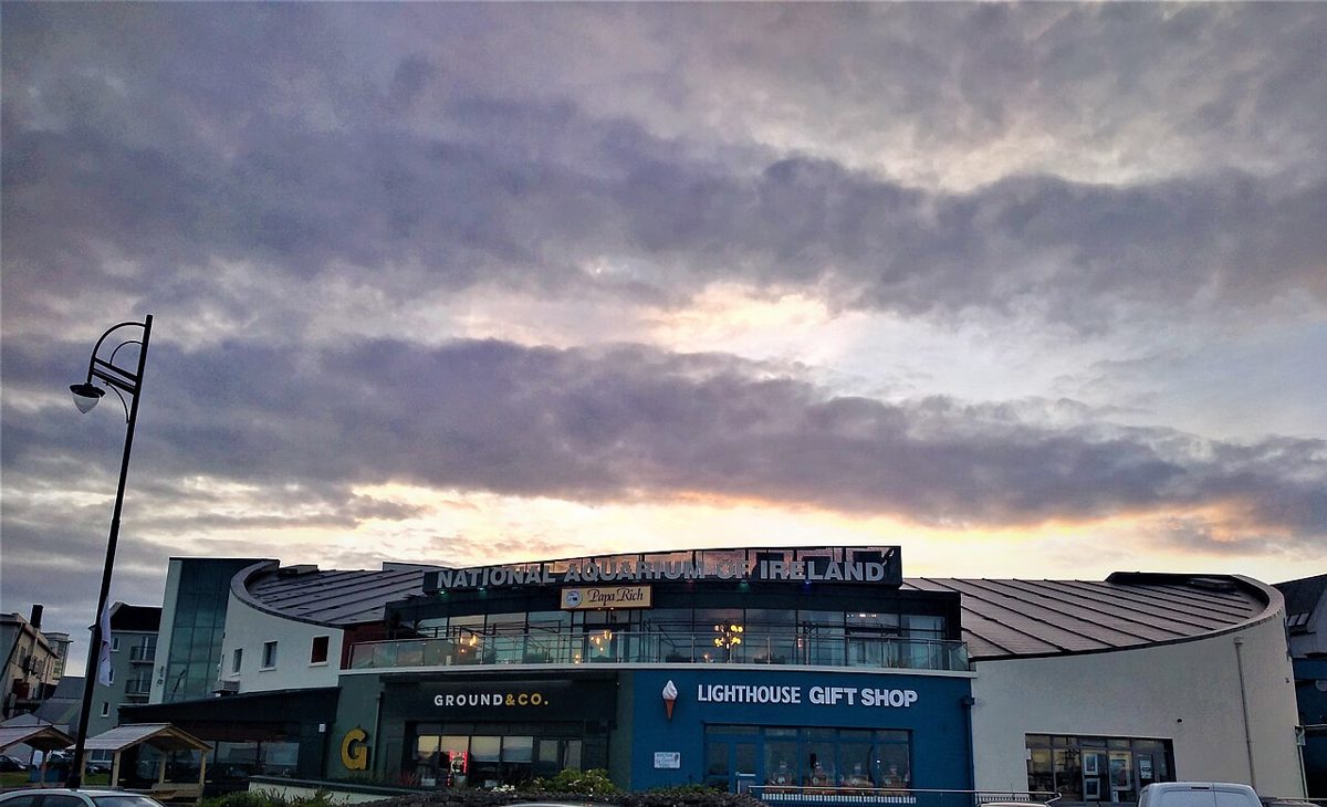 The aquarium building at dusk in August 2022