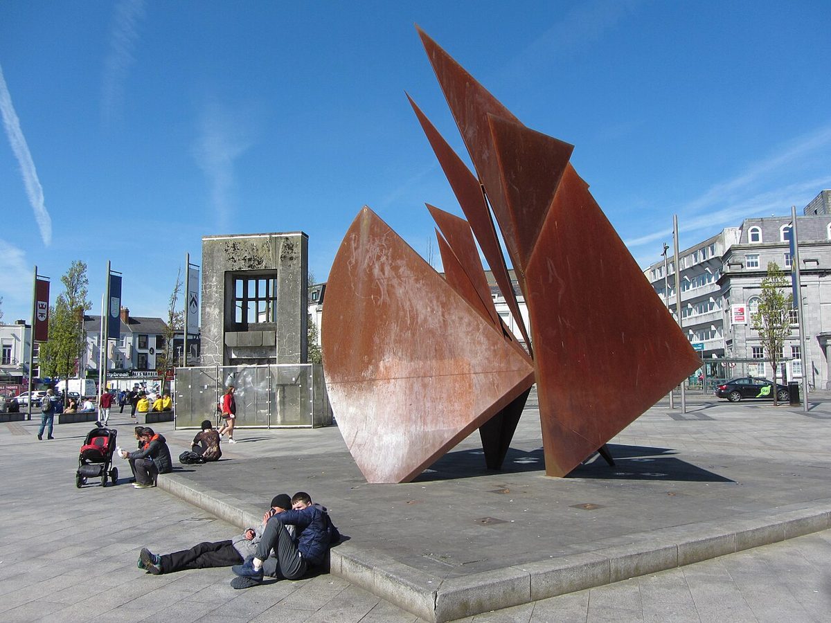 The rust-coloured Galway Hooker sculpture in Eyre Square in 2017