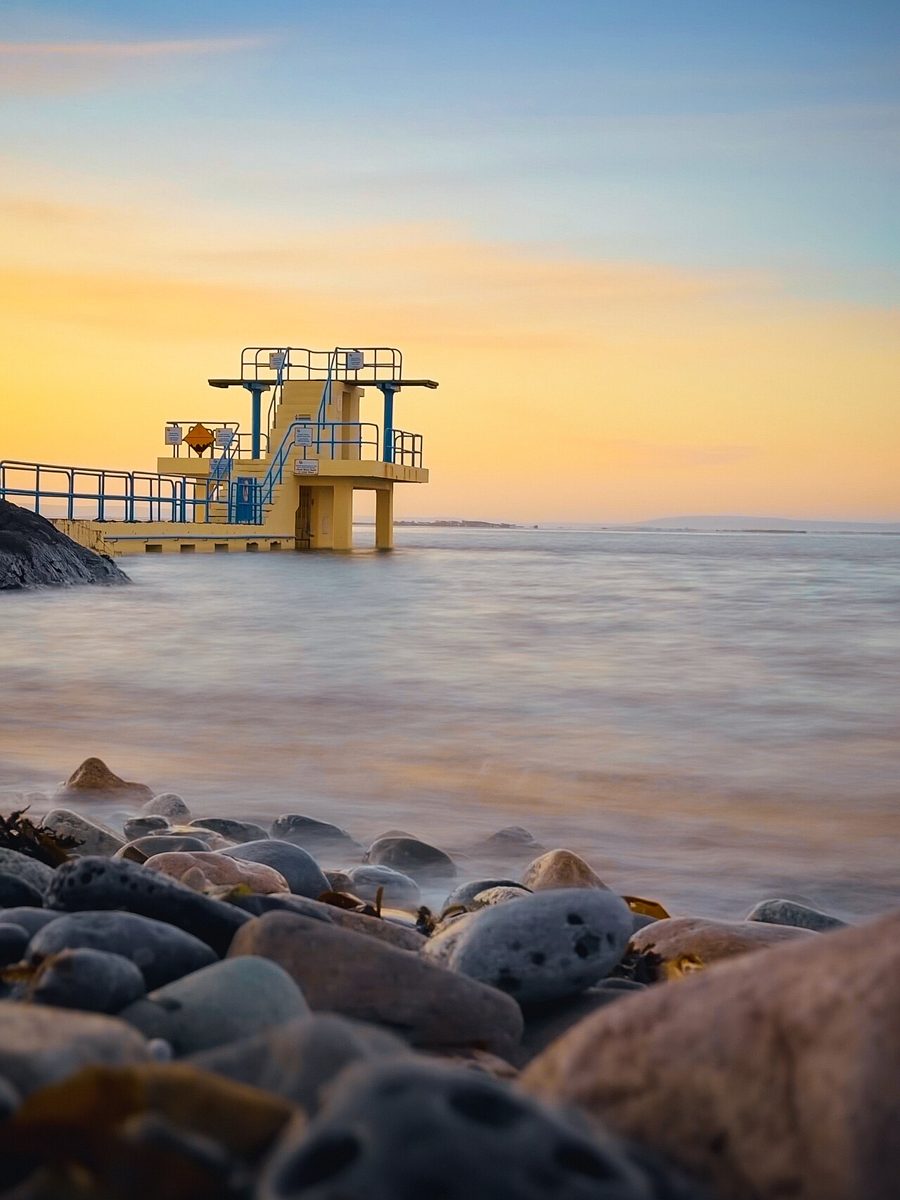 Blackrock Diving Tower against an April 2026 dawn sky
