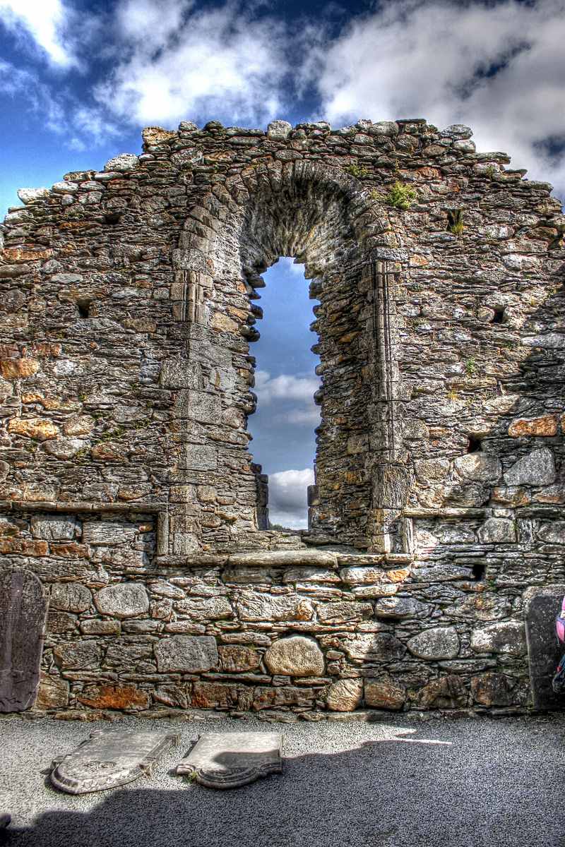 The east window of ruined Glendalough Cathedral
