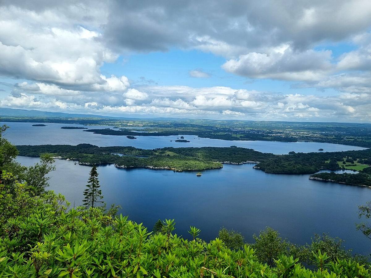 An elevated panorama of Muckross Lake and wooded islands