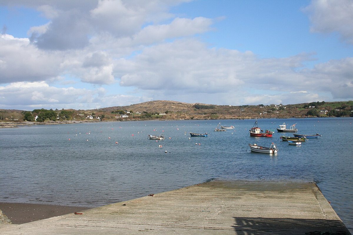 A slipway and moored boats at Schull Harbour