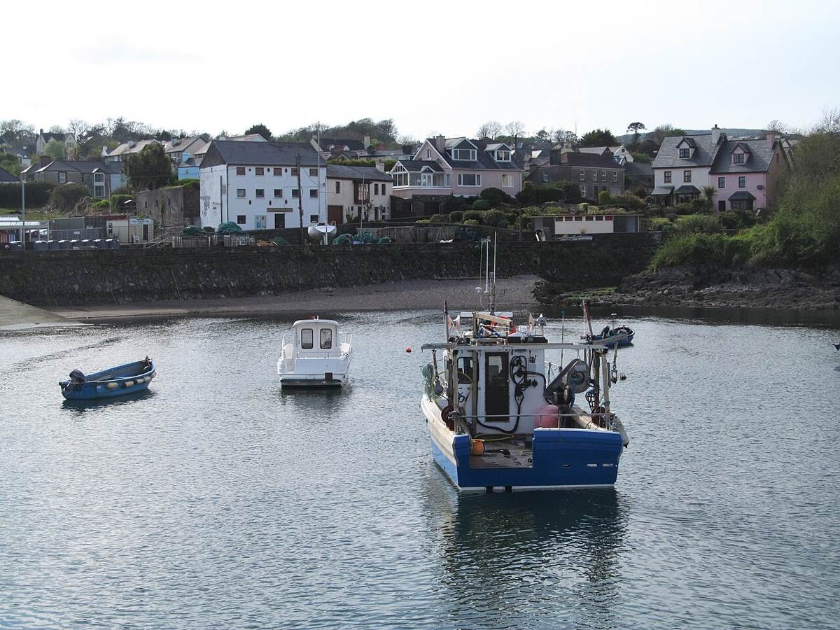 Boats moored below the waterfront houses at Schull