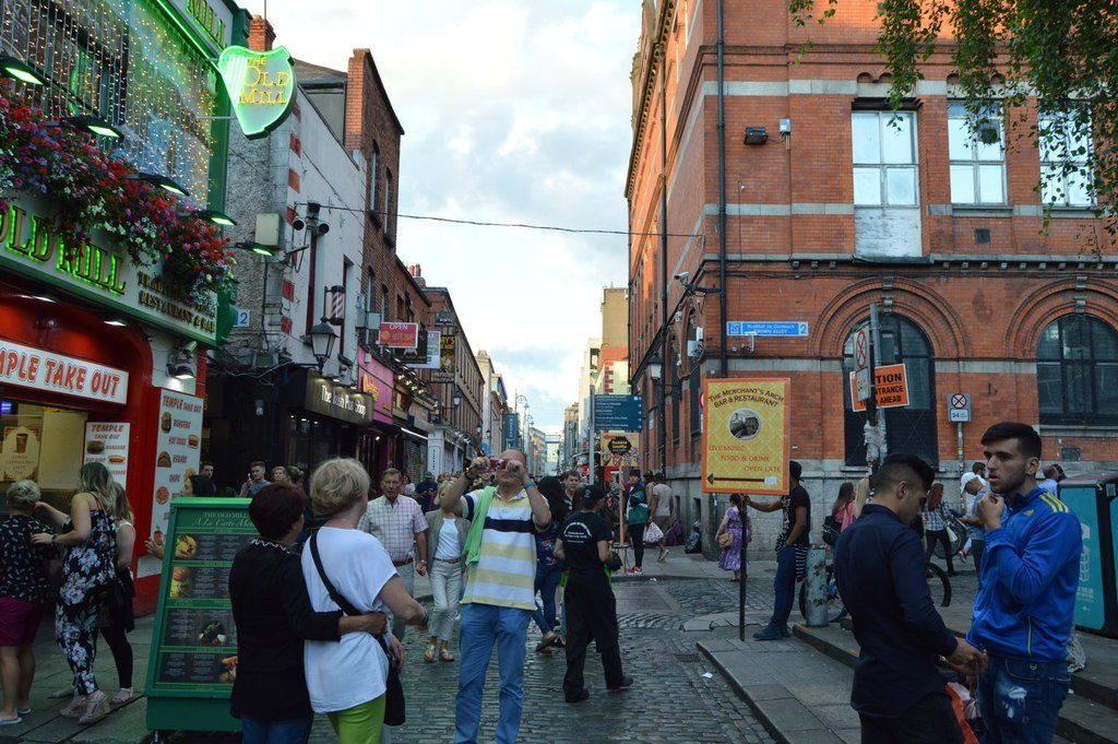 Pedestrians on a busy street in Temple Bar in 2018