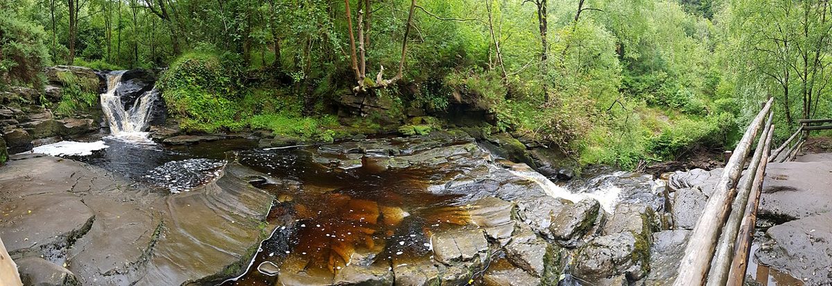 A wide view of the River Barrow below the Clamp Hole waterfall at Glenbarrow in 2020