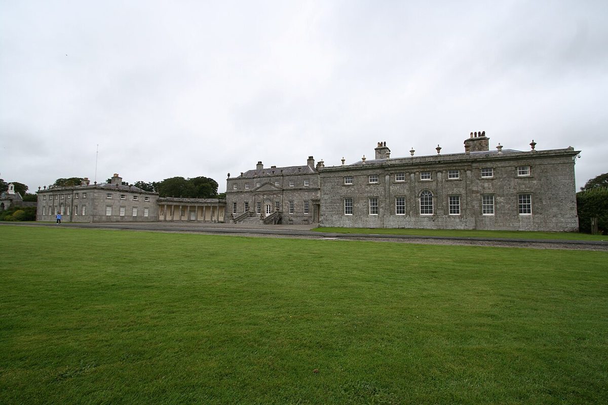 The Palladian facade of Russborough House across the lawn
