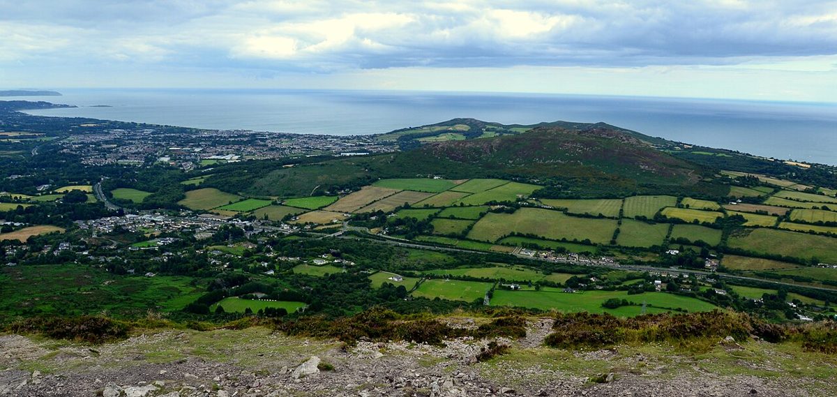Coastal fields and sea seen from Great Sugar Loaf