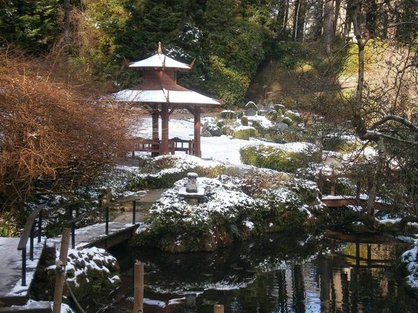 A Japanese-style garden corner at Powerscourt with snow