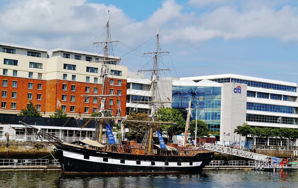 The full side of the Jeanie Johnston replica moored on the Liffey