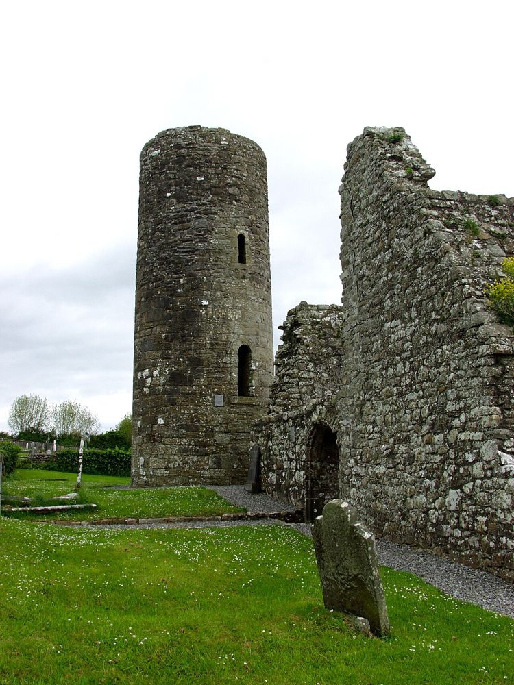The round tower and ruined church at Drumlane Abbey