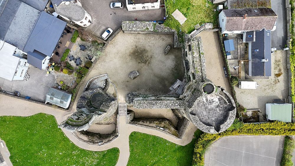 An aerial view of the surviving towers and walls of Ferns Castle