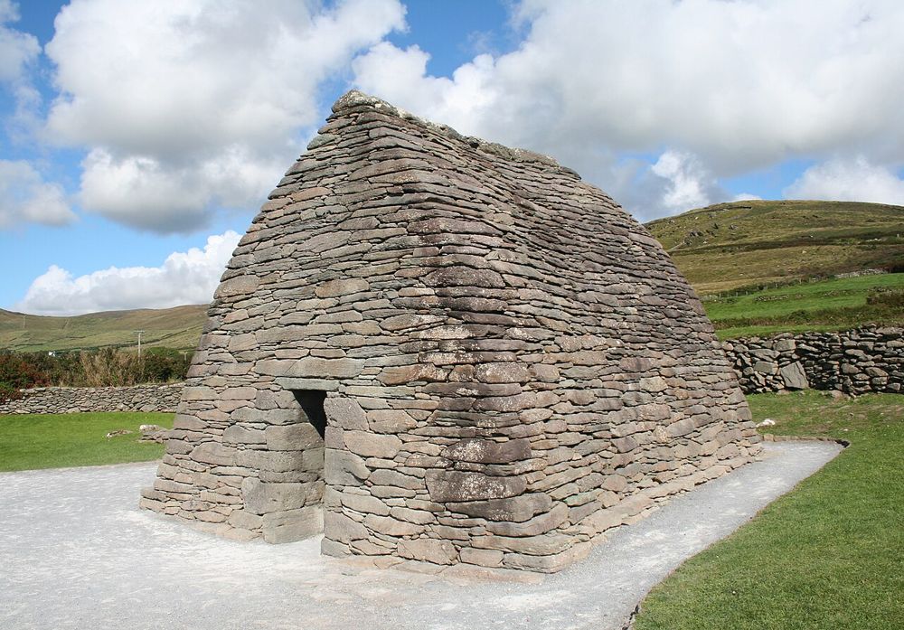 The curved stone roof and walls of Gallarus Oratory