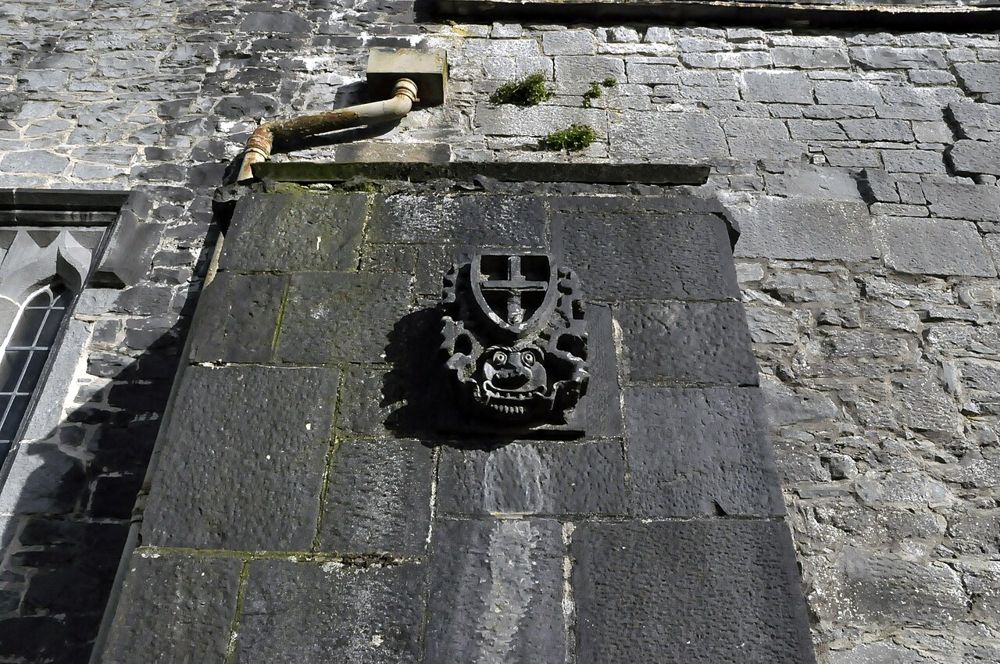 A carved stone detail on the exterior of Holycross Abbey
