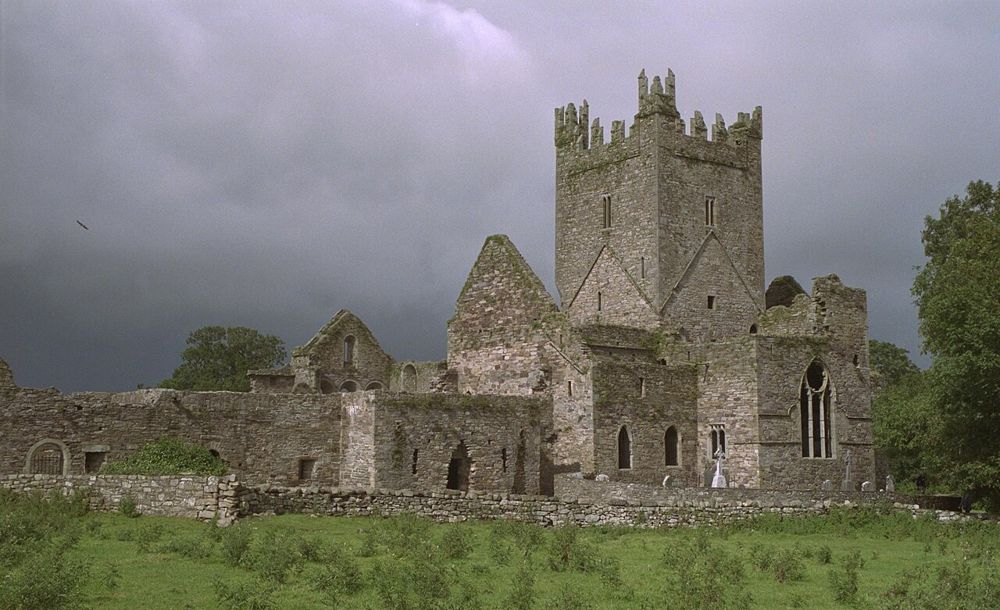 The surviving stone church and tower at Jerpoint Abbey