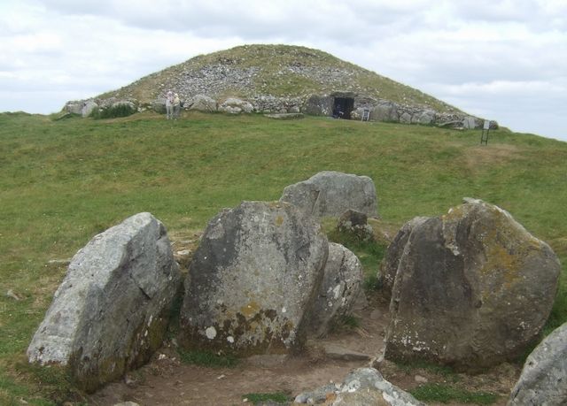 A stone cairn and entrance stones on the Loughcrew hilltop