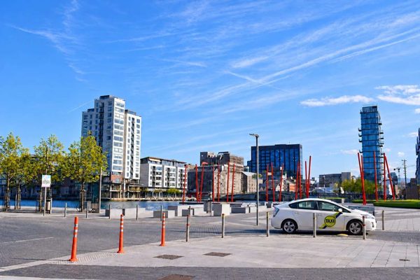 AI illustration of Grand Canal Square based on a credited source photograph