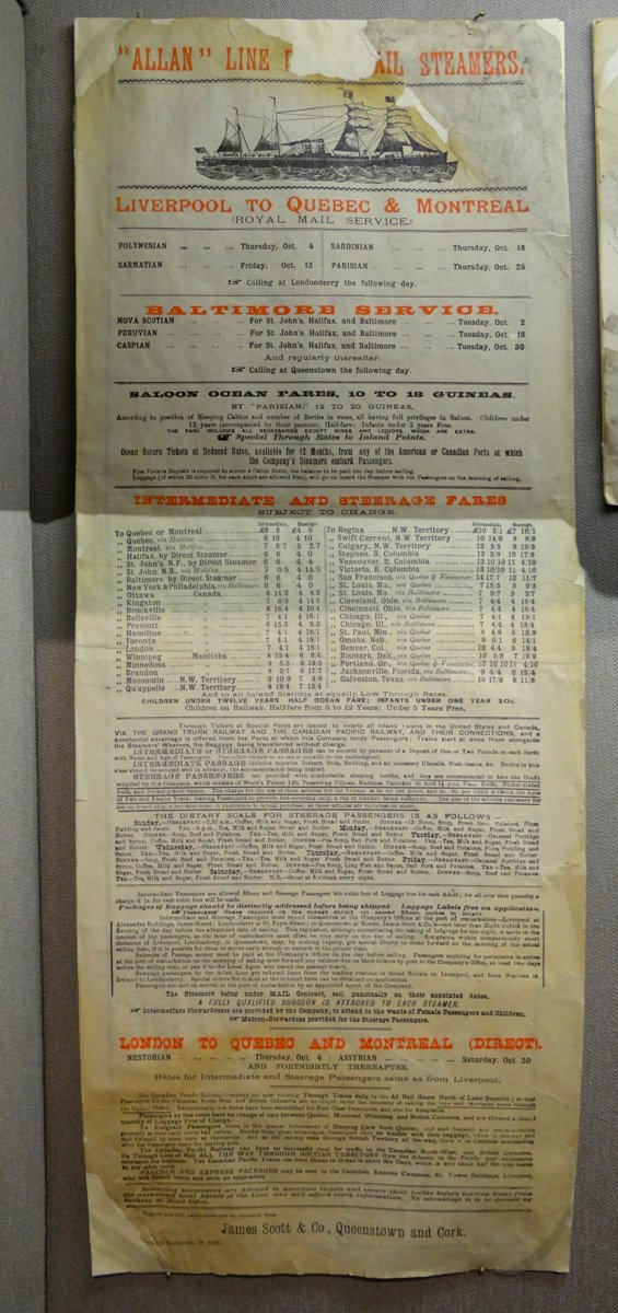 Historical Allan Line fares and sailing notice displayed at Cobh Heritage Centre