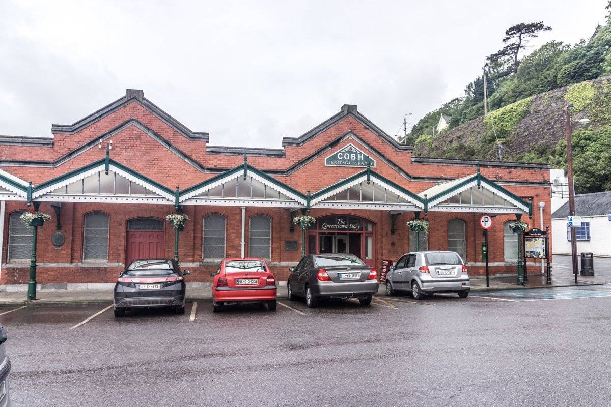 The red brick former railway-station facade housing Cobh Heritage Centre
