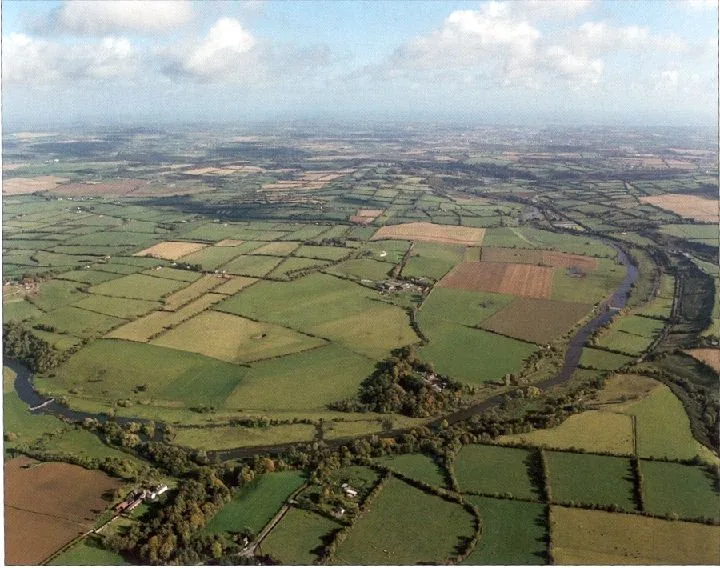 Aerial view of the Brú na Bóinne landscape and bend of the River Boyne