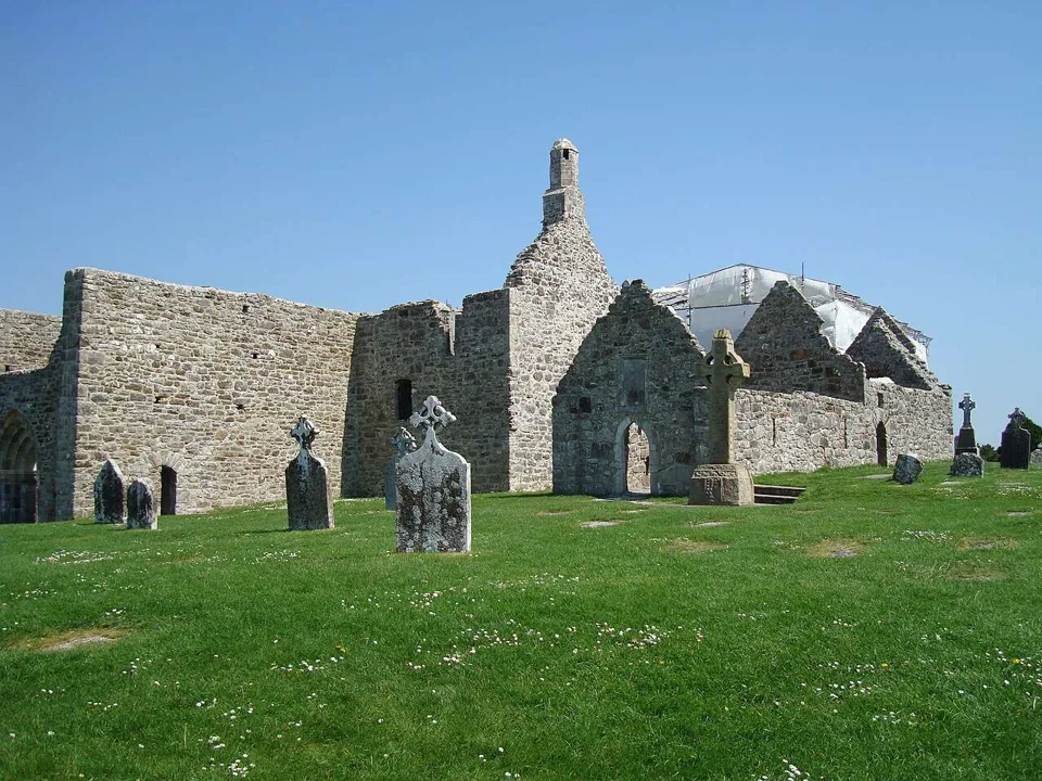Stone ruins of St Ciarán's Cathedral at Clonmacnoise