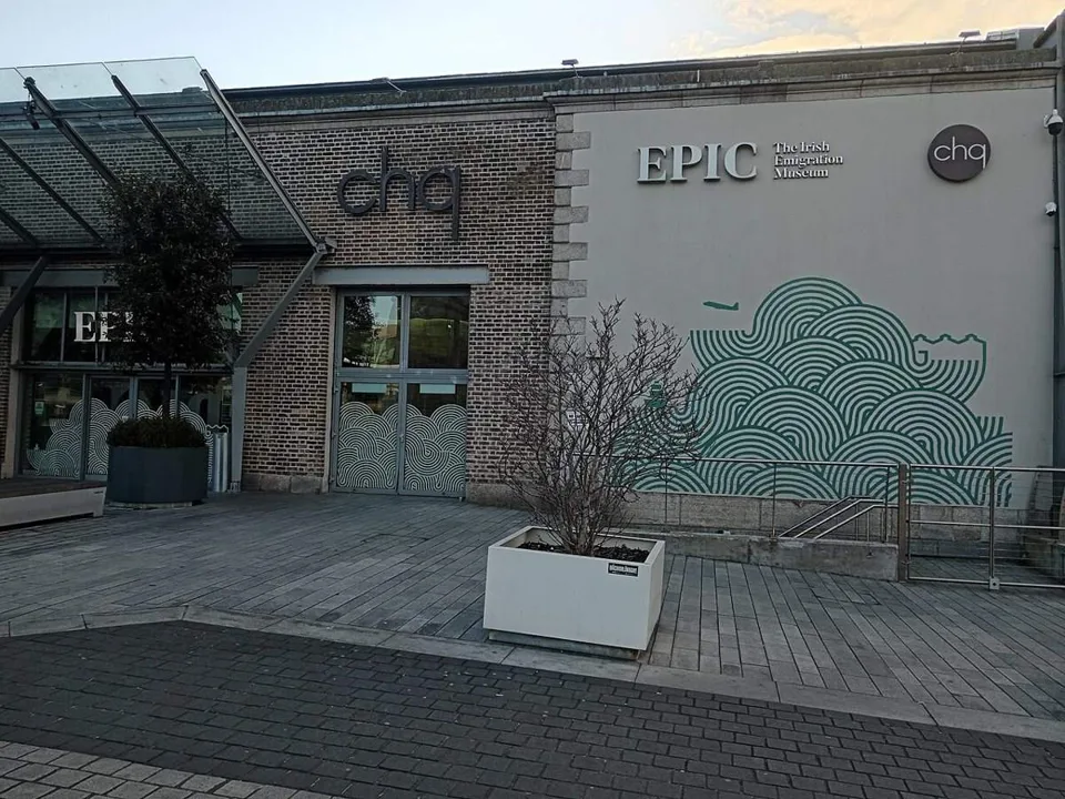 The CHQ building entrance with EPIC Irish Emigration Museum signage