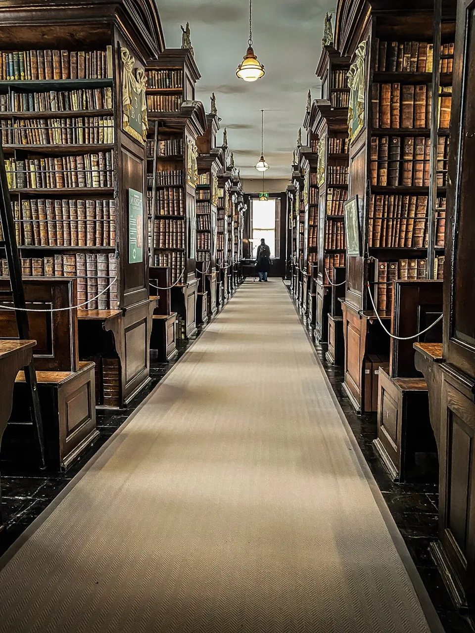 A long gallery of wooden bookcases inside Marsh’s Library