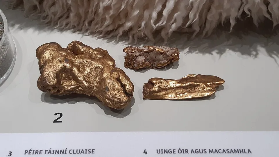 Three gold nuggets displayed at the National Museum of Ireland Archaeology