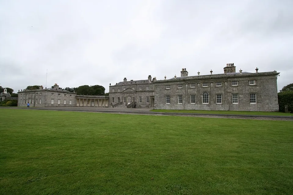 The Palladian facade of Russborough House across the lawn