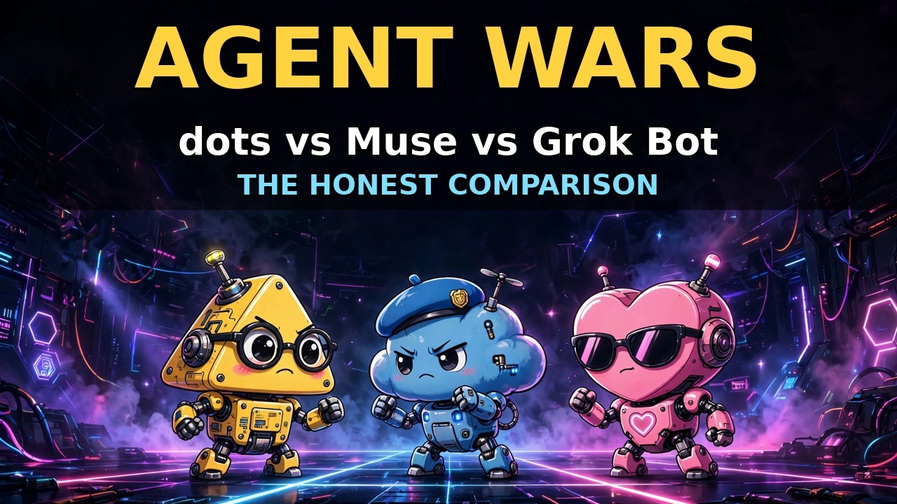 Agent Wars comparison cover: dots, Muse and Grok Bot represented by three colourful cartoon robots.