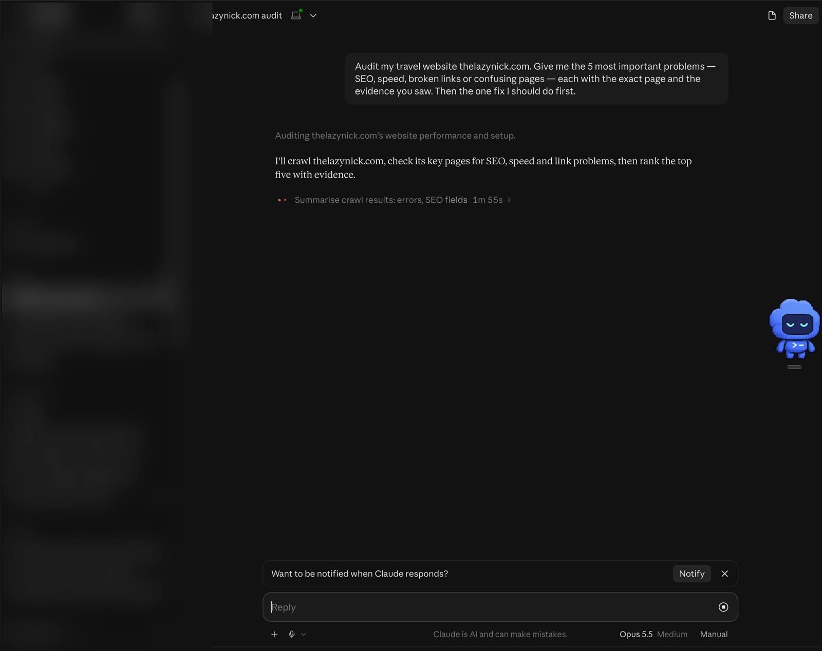 The identical audit prompt going into Claude