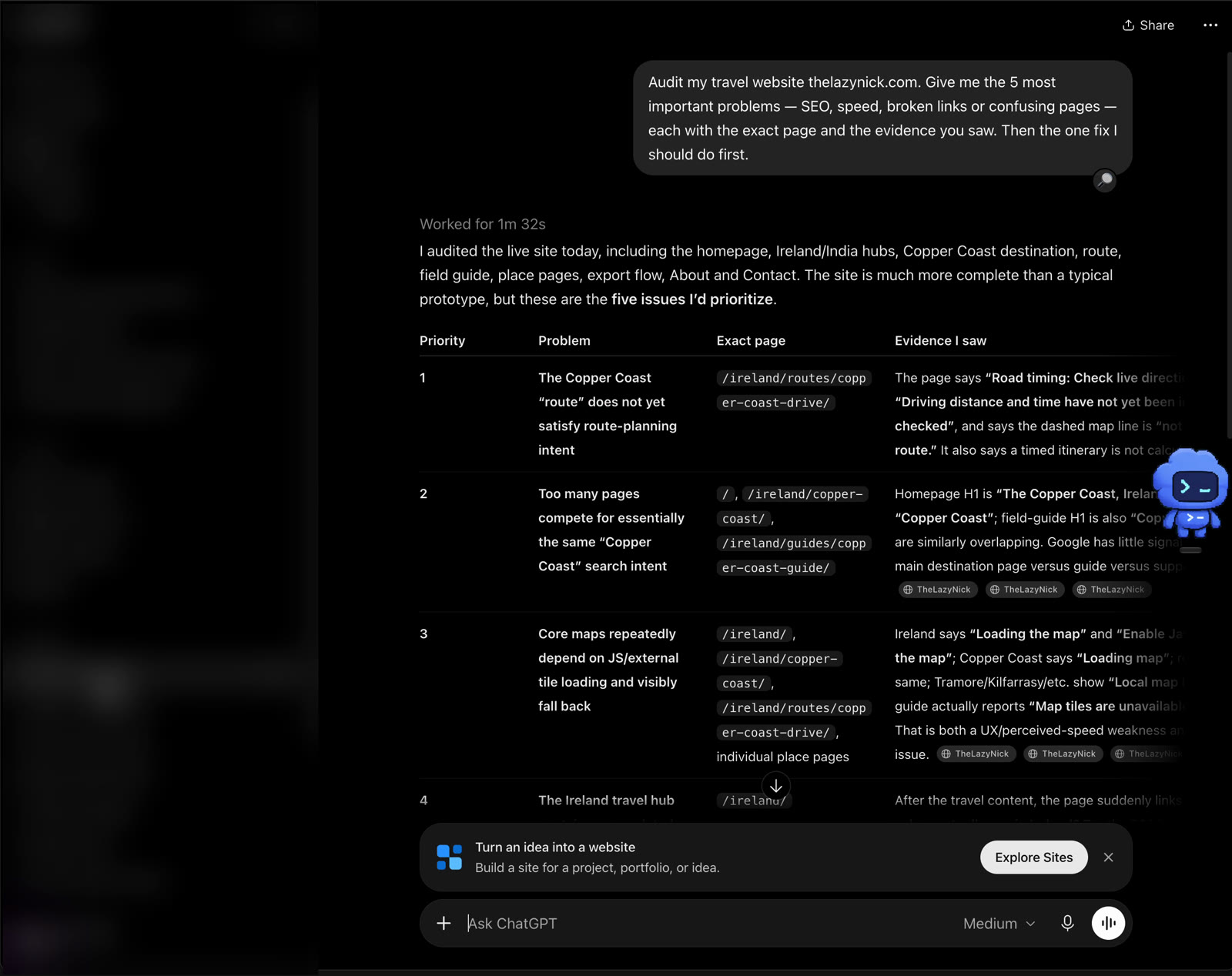ChatGPT's findings table, including the claim that the maps depend on JavaScript and fail