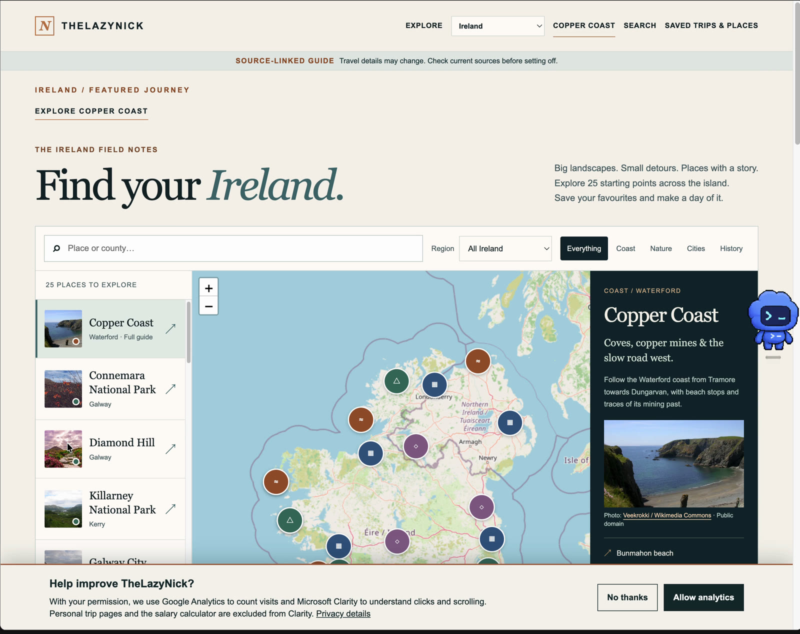 The live Ireland page in a normal browser, with the map loaded