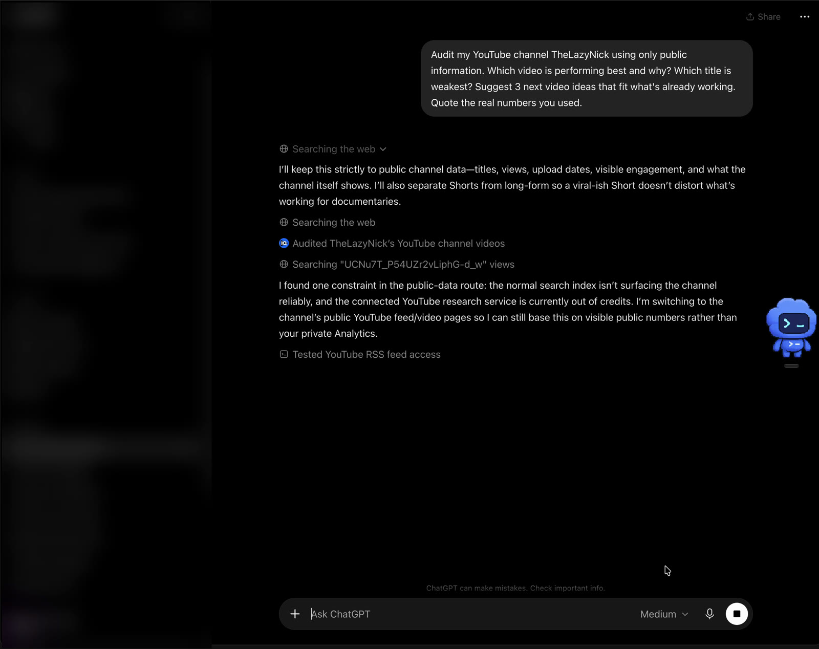 ChatGPT noting its YouTube research service is out of credits