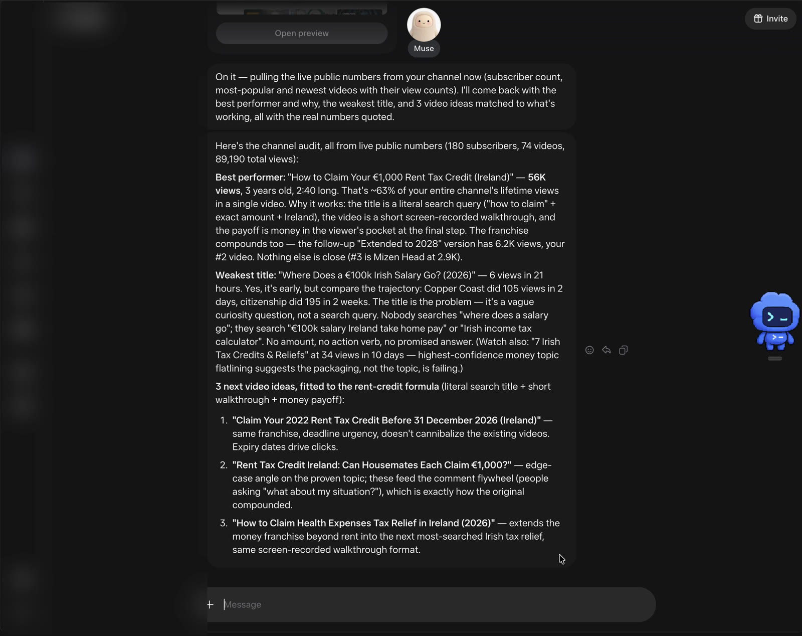 Muse's channel audit, quoting 180 subscribers, 74 videos and 89,190 total views