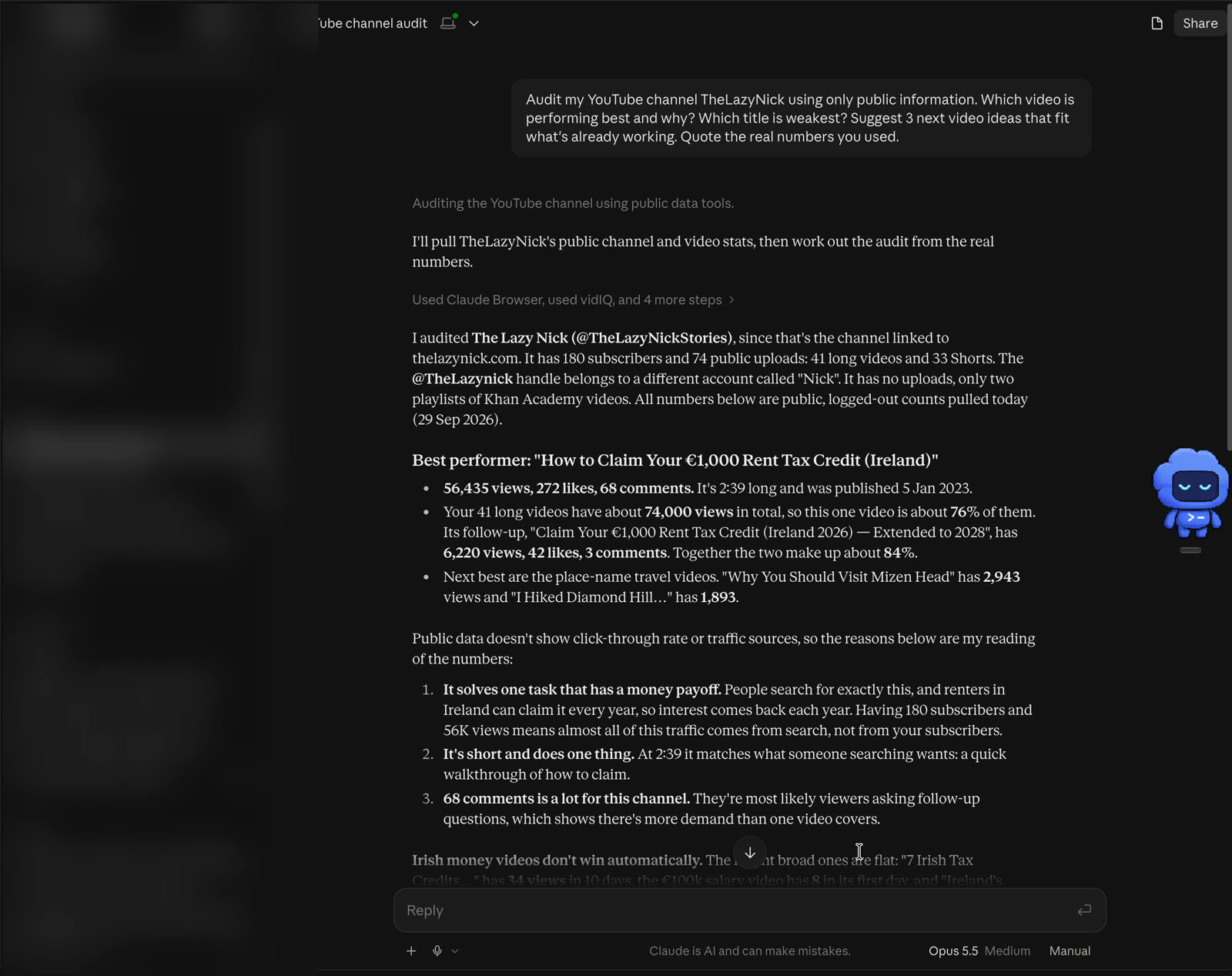Claude's channel audit naming the rent tax credit video at 56,435 views