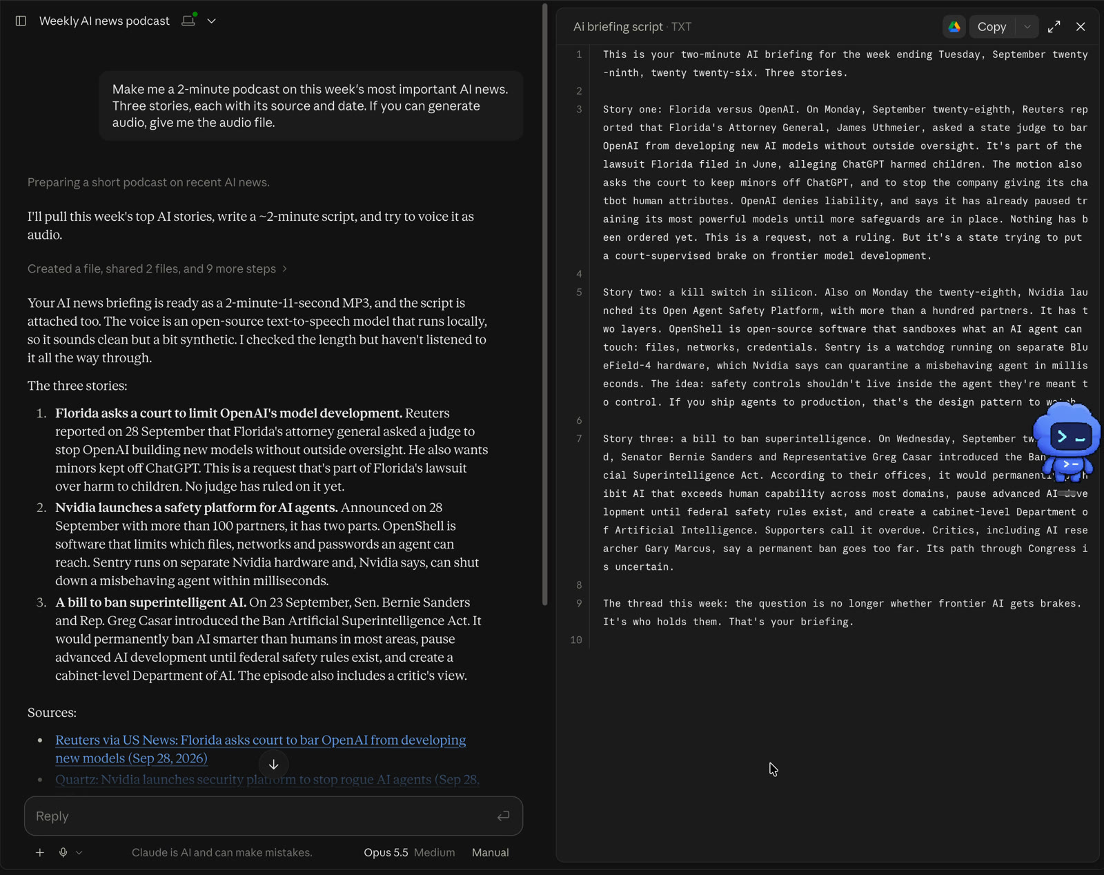 Claude's podcast script with its sources