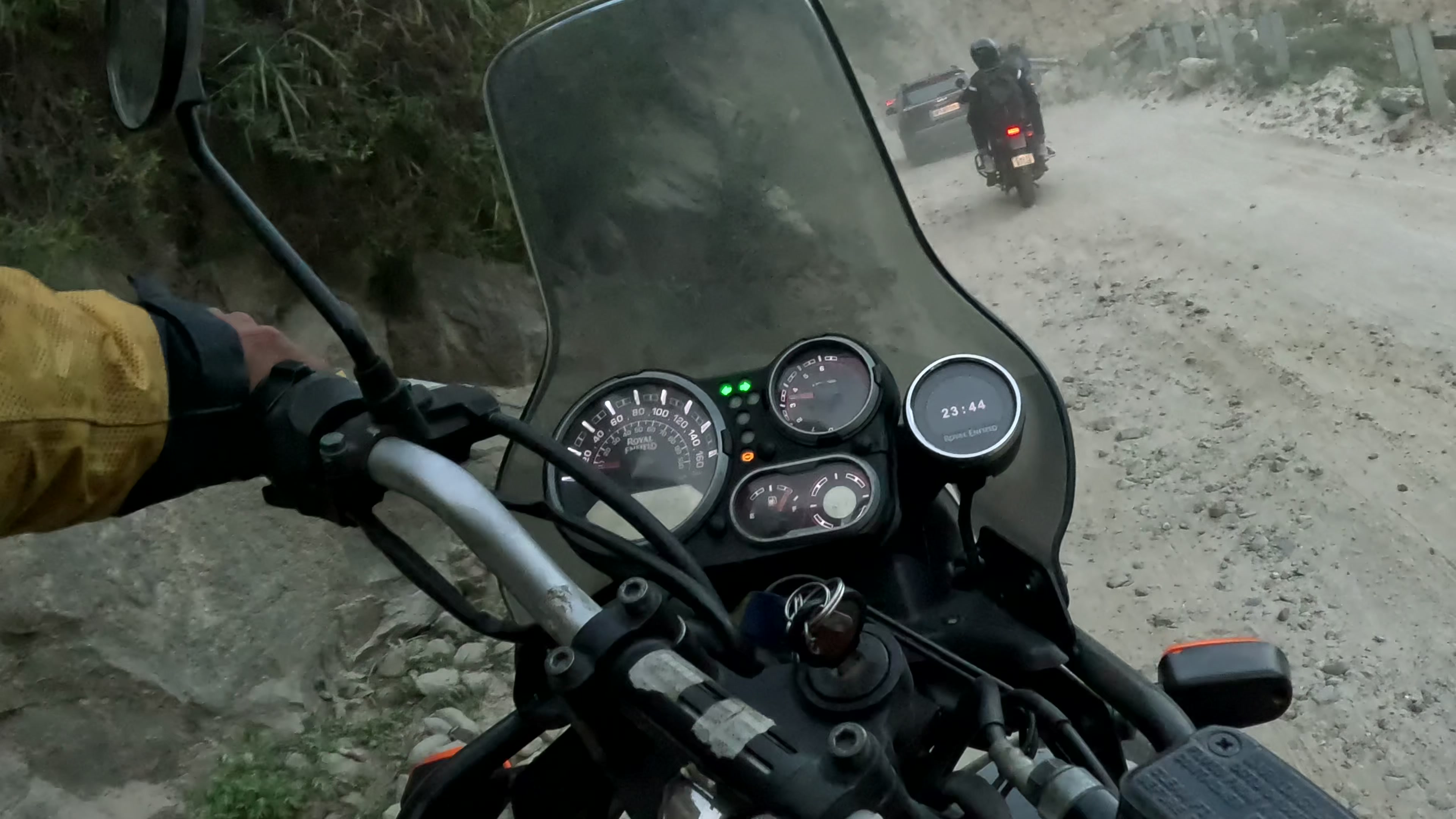 Nick's view over the Himalayan's handlebars on the rough gravel road during the Spiti ride.