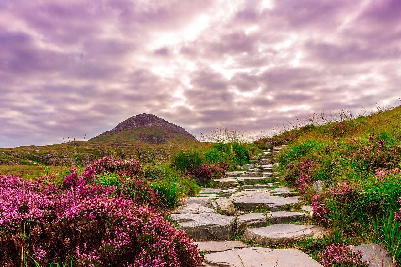 Stone path climbing Diamond Hill in Connemara